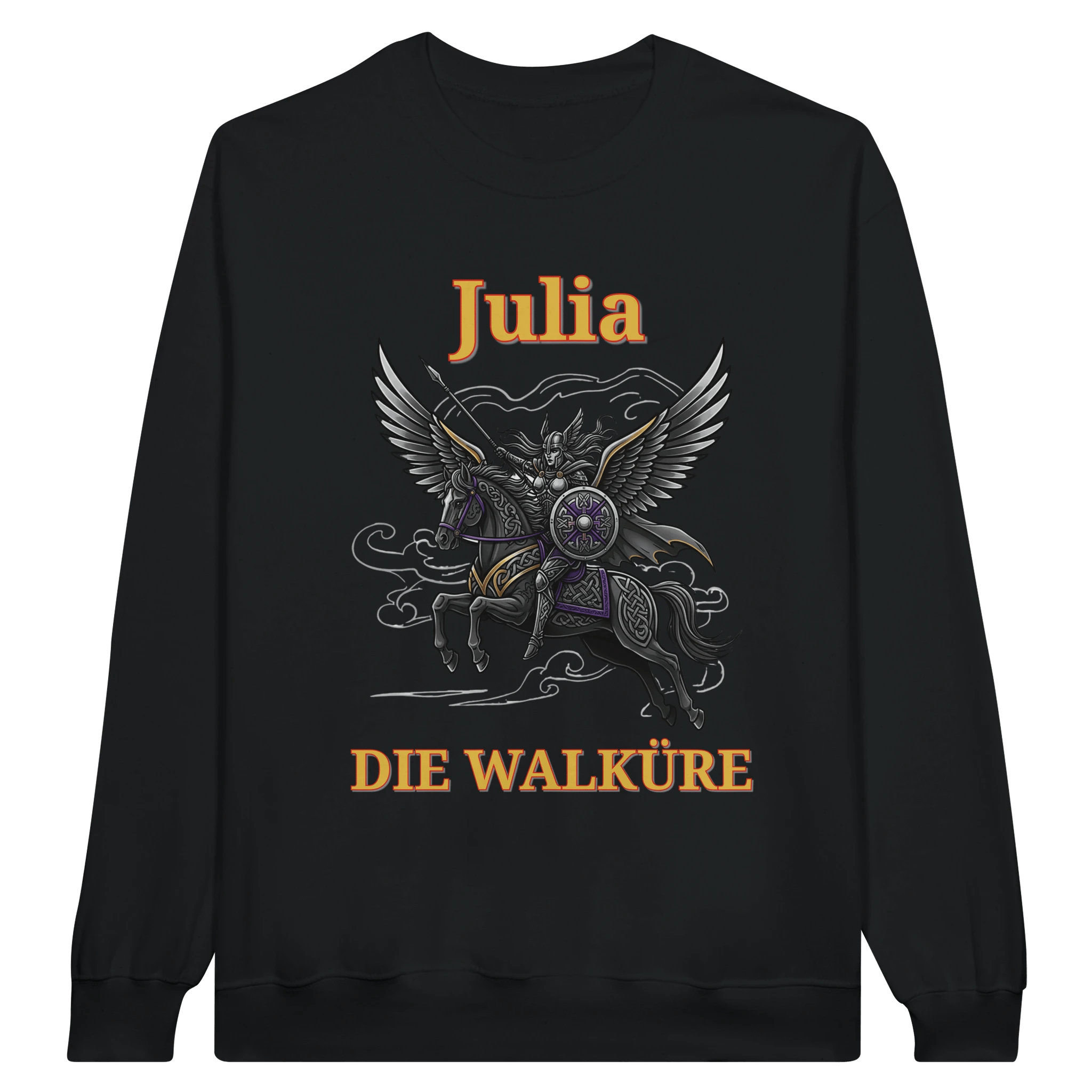 Personalisierbarer Walküre Pullover – Kriegerin auf Pegasus mit Wunschtext - Made By Request Store