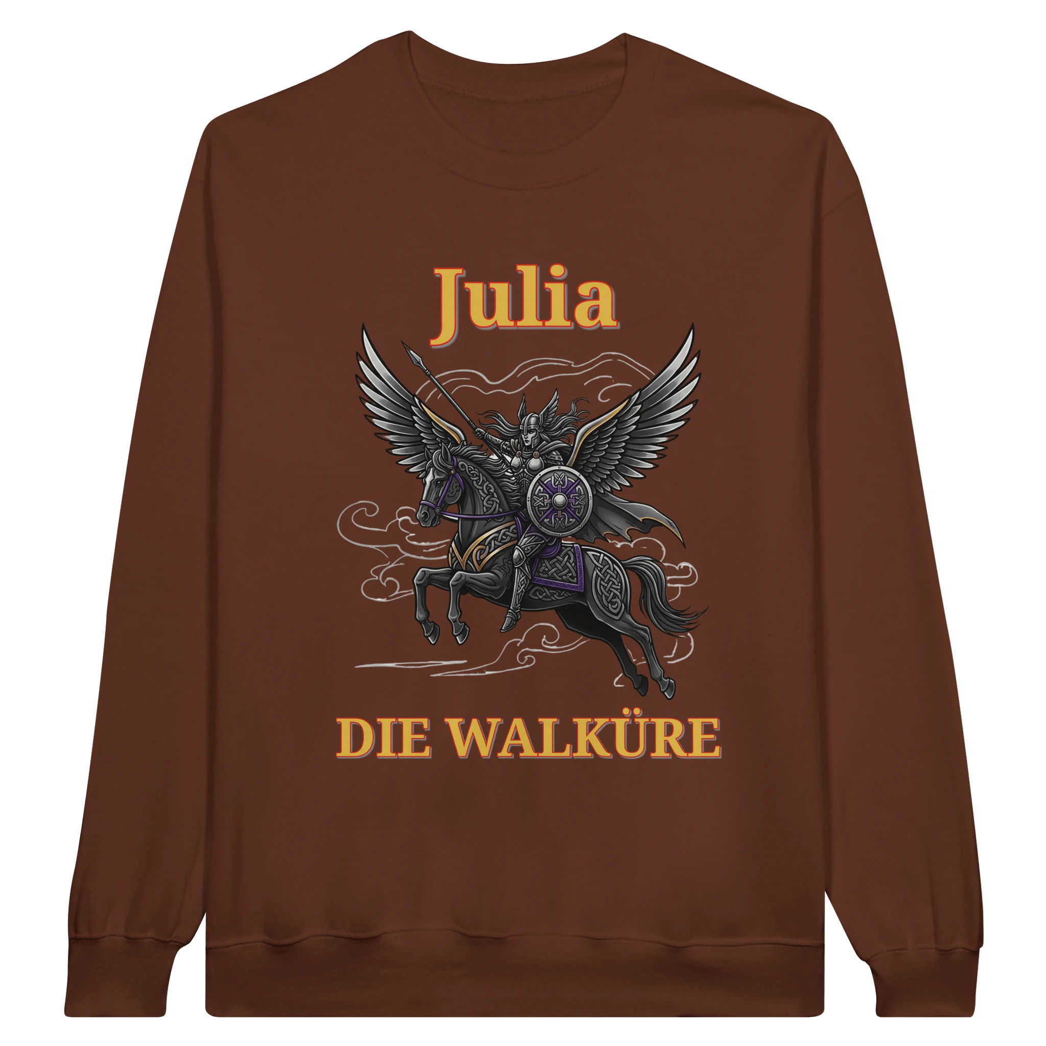 Personalisierbarer Walküre Pullover – Kriegerin auf Pegasus mit Wunschtext - Made By Request Store