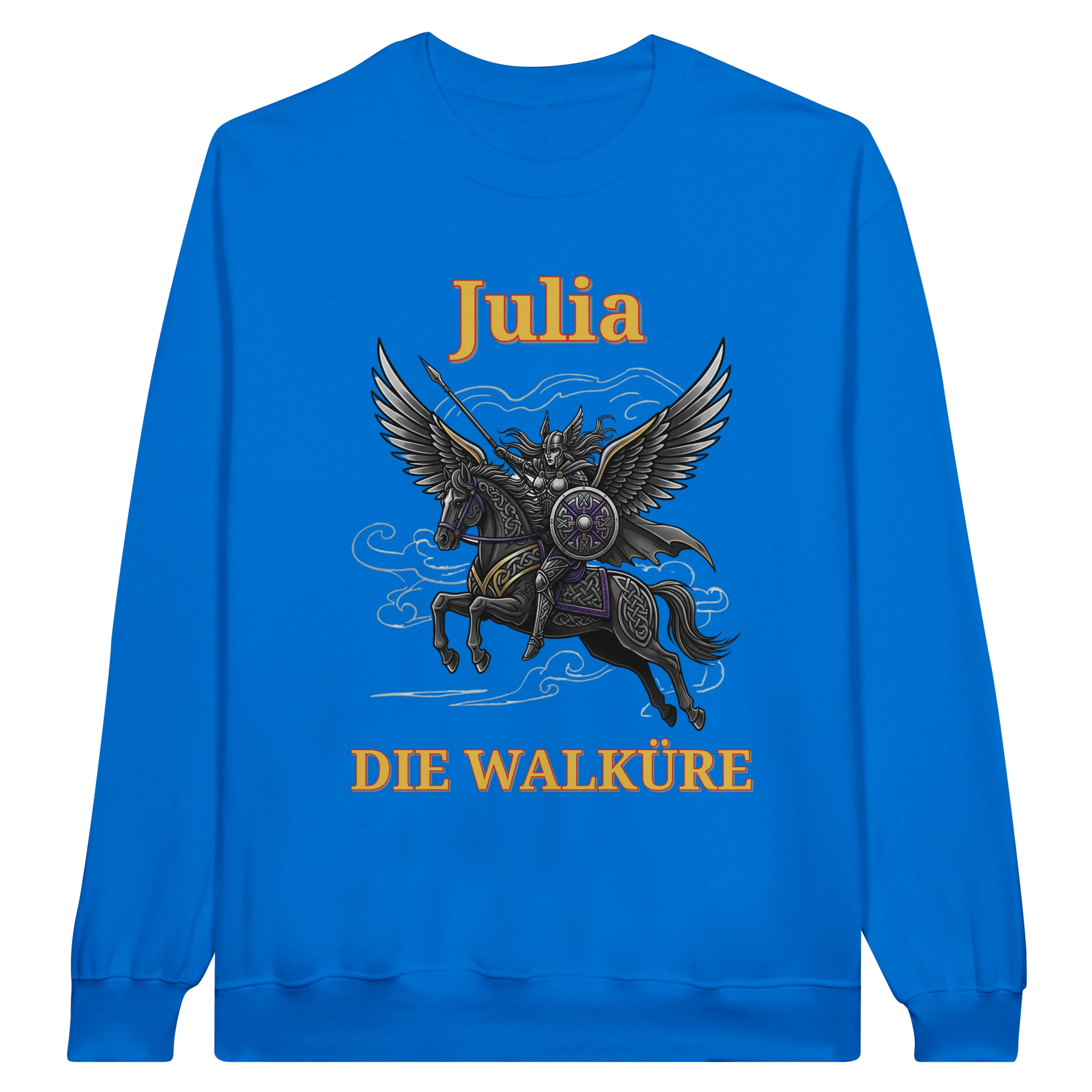 Personalisierbarer Walküre Pullover – Kriegerin auf Pegasus mit Wunschtext - Made By Request Store