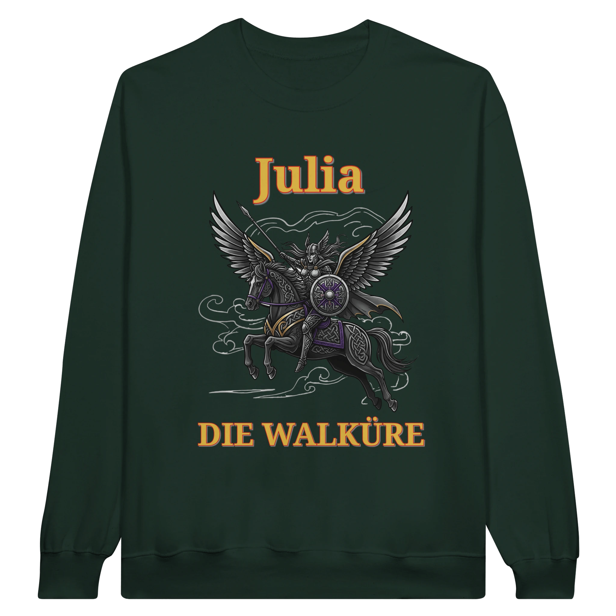 Personalisierbarer Walküre Pullover – Kriegerin auf Pegasus mit Wunschtext - Made By Request Store