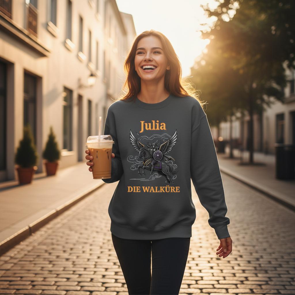 Personalisierbarer Walküre Pullover – Kriegerin auf Pegasus mit Wunschtext - Made By Request Store