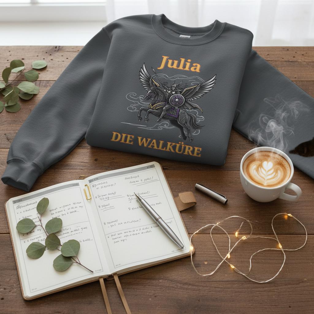 Personalisierbarer Walküre Pullover – Kriegerin auf Pegasus mit Wunschtext - Made By Request Store