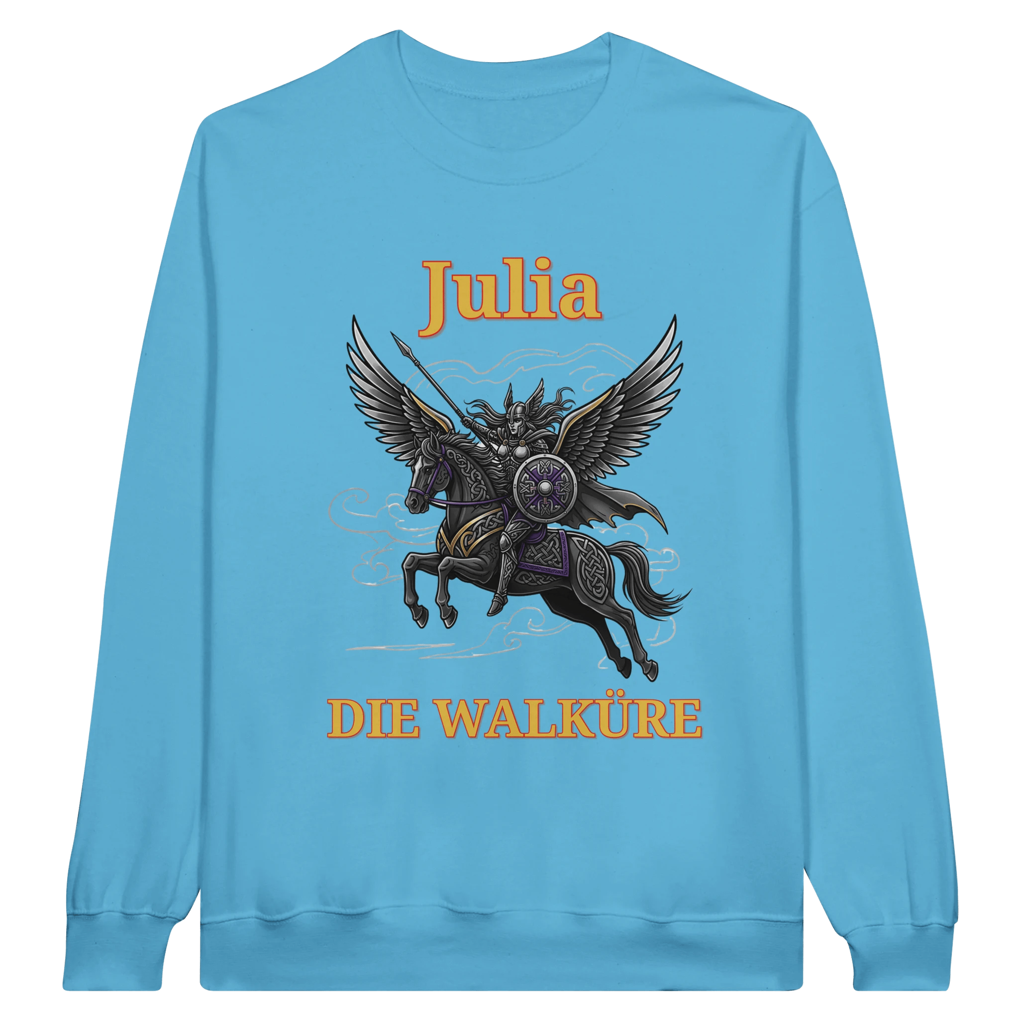 Personalisierbarer Walküre Pullover – Kriegerin auf Pegasus mit Wunschtext - Made By Request Store