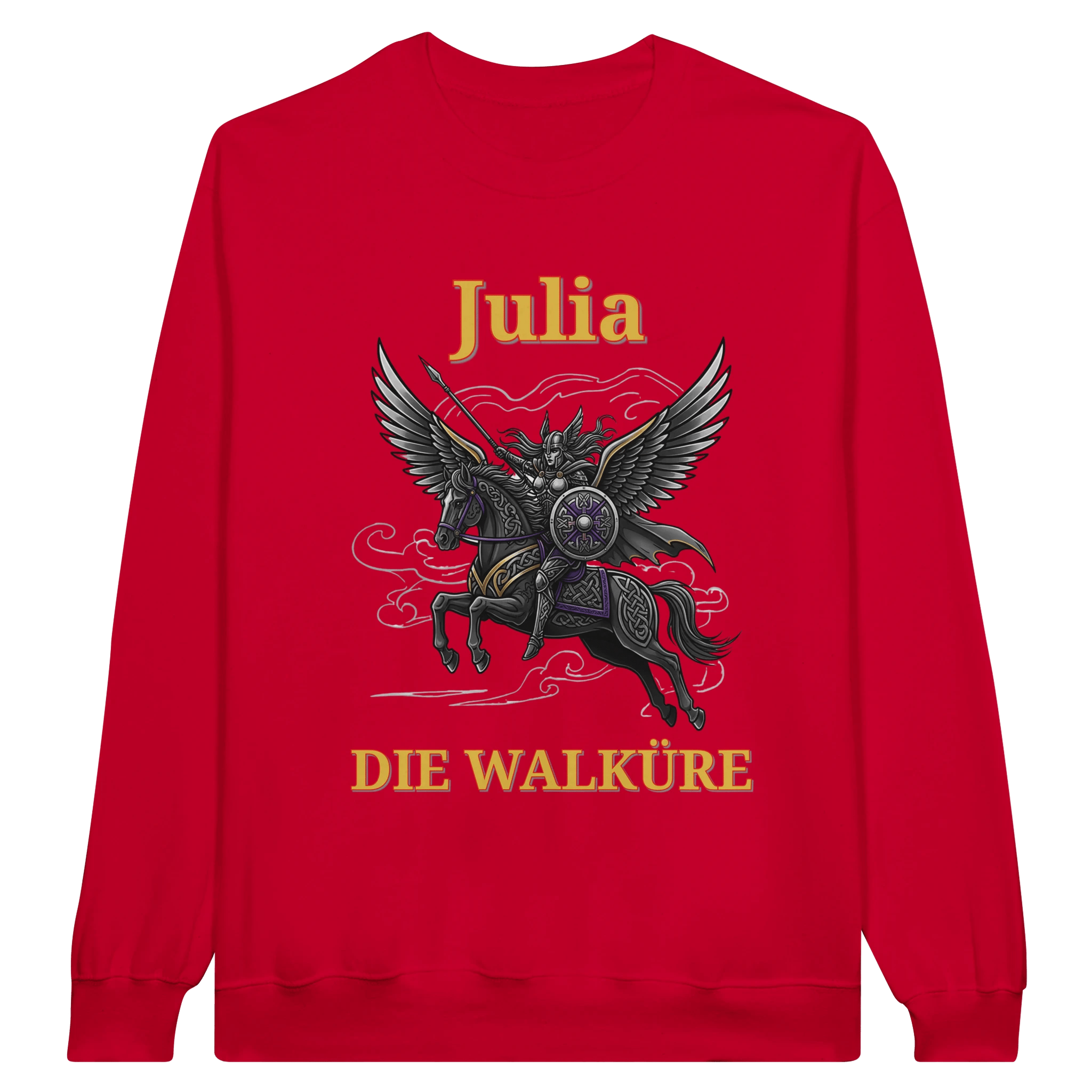 Personalisierbarer Walküre Pullover – Kriegerin auf Pegasus mit Wunschtext - Made By Request Store