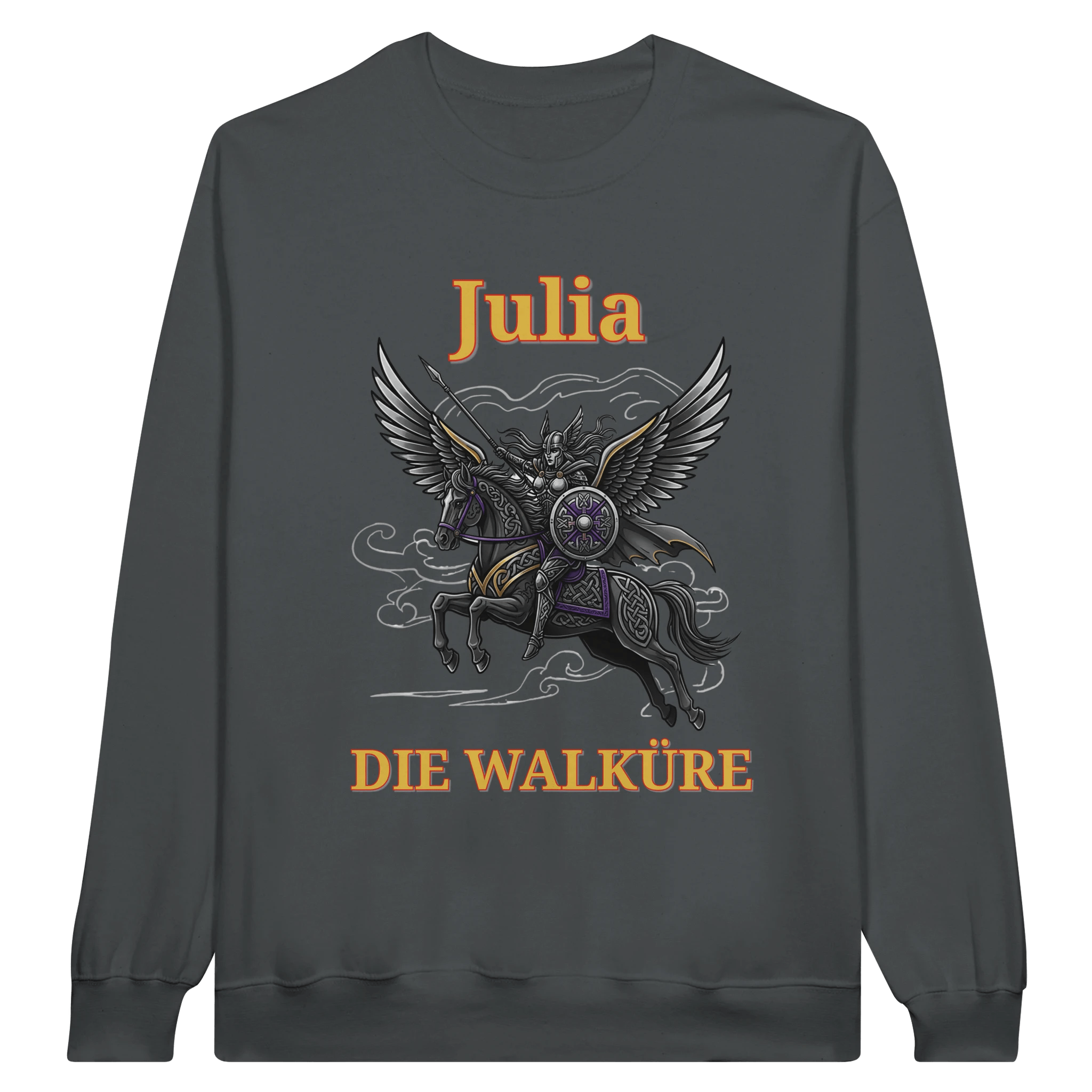 Personalisierbarer Walküre Pullover – Kriegerin auf Pegasus mit Wunschtext - Made By Request Store