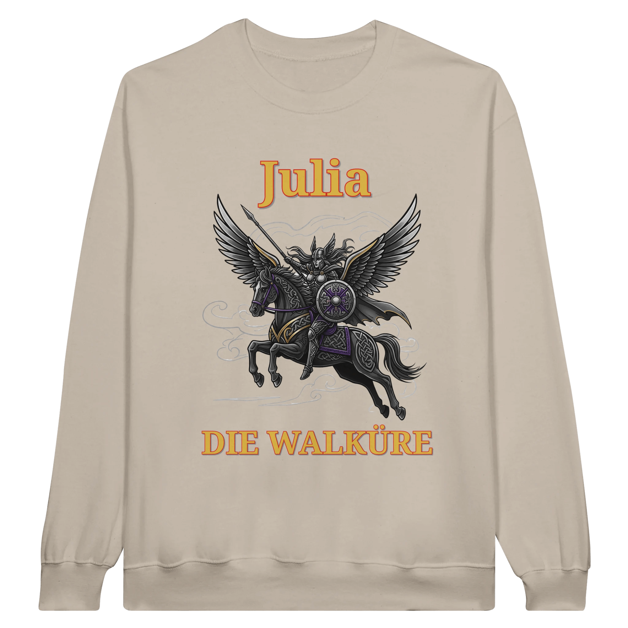 Personalisierbarer Walküre Pullover – Kriegerin auf Pegasus mit Wunschtext - Made By Request Store