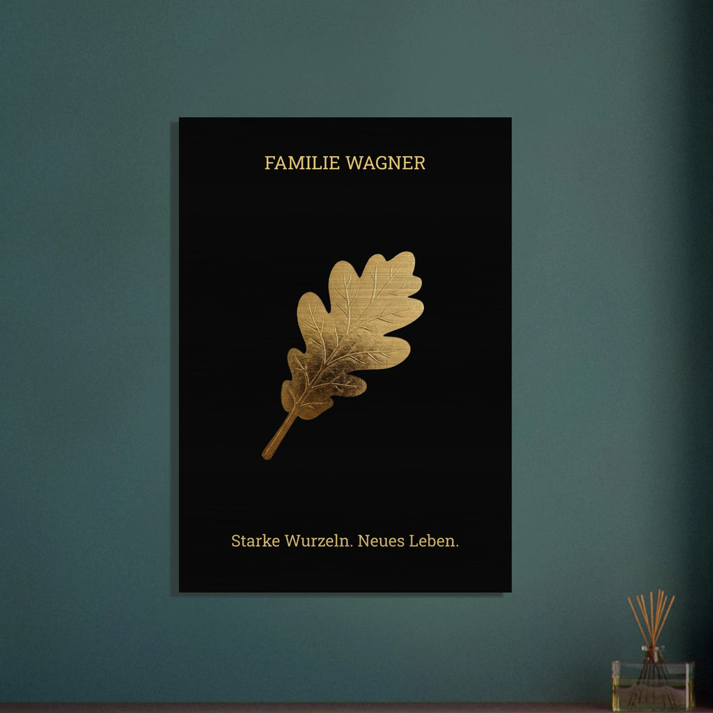 Personalisiertes Alu - Dibond Wandbild "Goldene Eiche" – Familienname & Wunschtext – Exklusives Geschenk zum Einzug – Schwarz Gold Metall - Made By Request Store