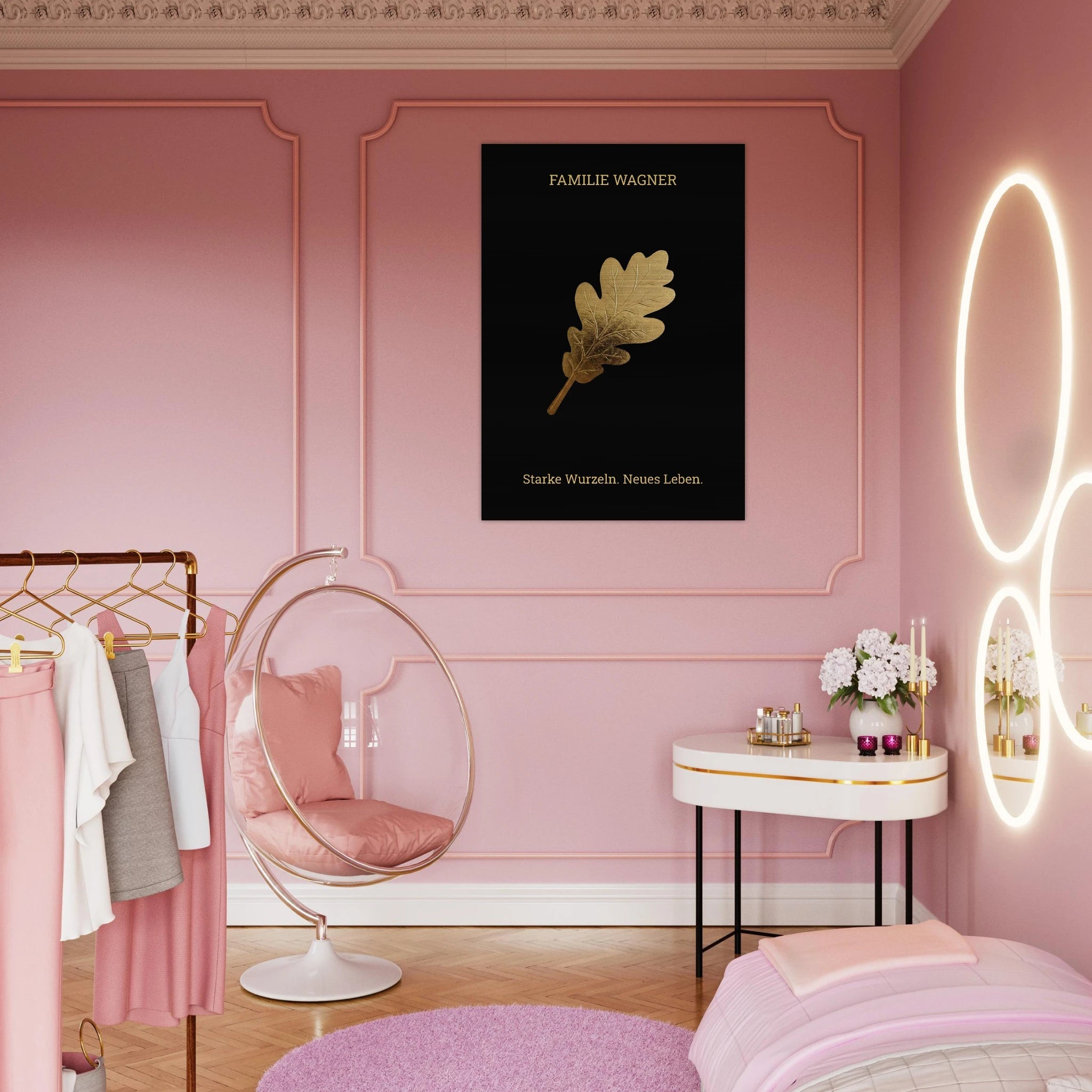 Personalisiertes Alu - Dibond Wandbild "Goldene Eiche" – Familienname & Wunschtext – Exklusives Geschenk zum Einzug – Schwarz Gold Metall - Made By Request Store