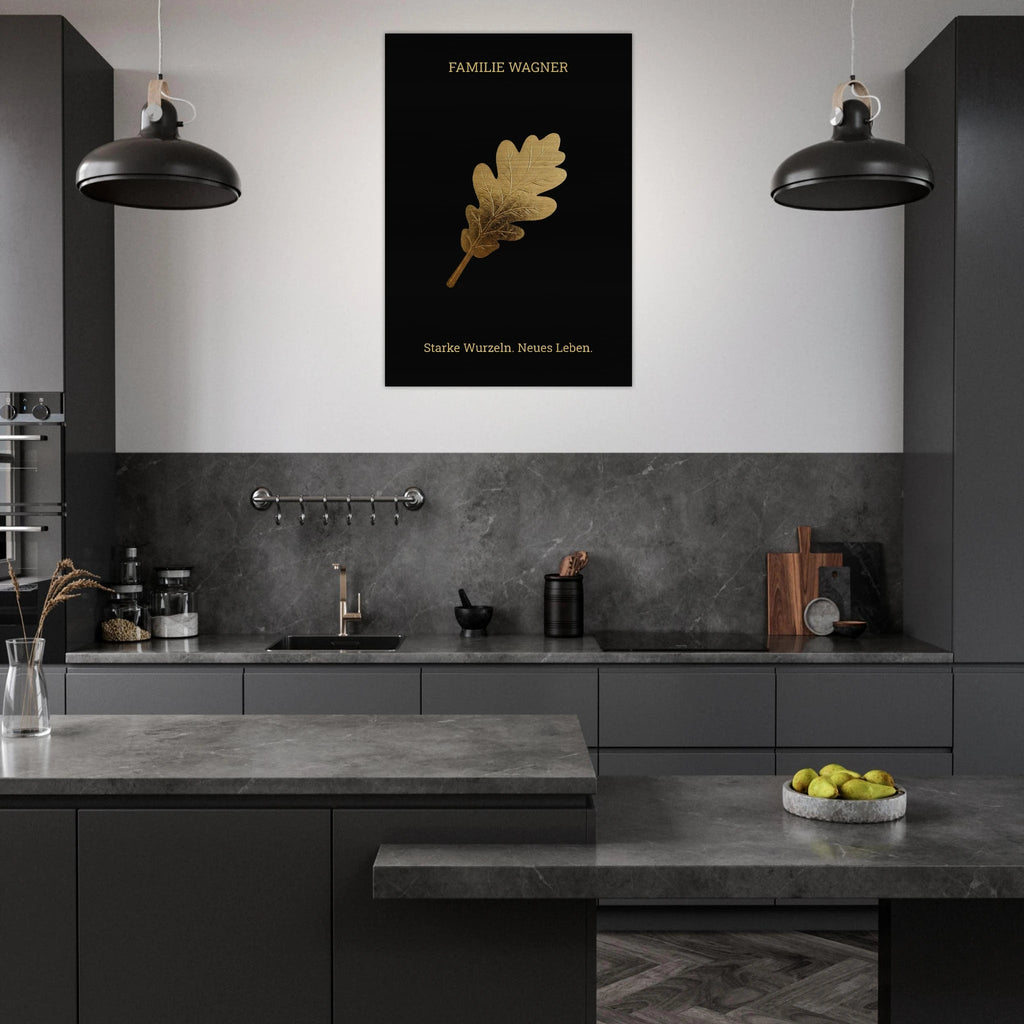 Personalisiertes Alu - Dibond Wandbild "Goldene Eiche" – Familienname & Wunschtext – Exklusives Geschenk zum Einzug – Schwarz Gold Metall - Made By Request Store