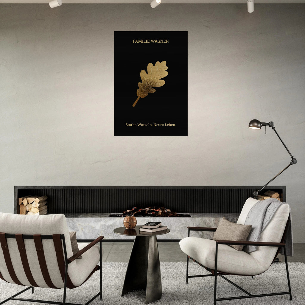 Personalisiertes Alu - Dibond Wandbild "Goldene Eiche" – Familienname & Wunschtext – Exklusives Geschenk zum Einzug – Schwarz Gold Metall - Made By Request Store