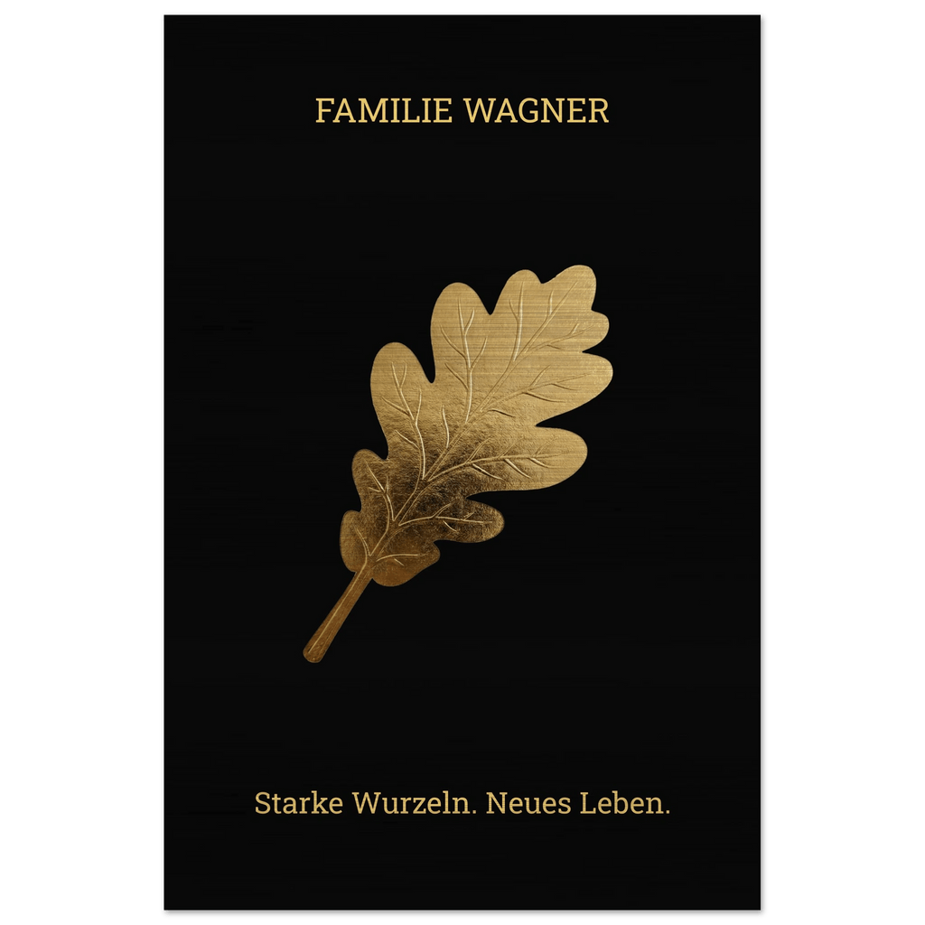 Personalisiertes Alu - Dibond Wandbild "Goldene Eiche" – Familienname & Wunschtext – Exklusives Geschenk zum Einzug – Schwarz Gold Metall - Made By Request Store