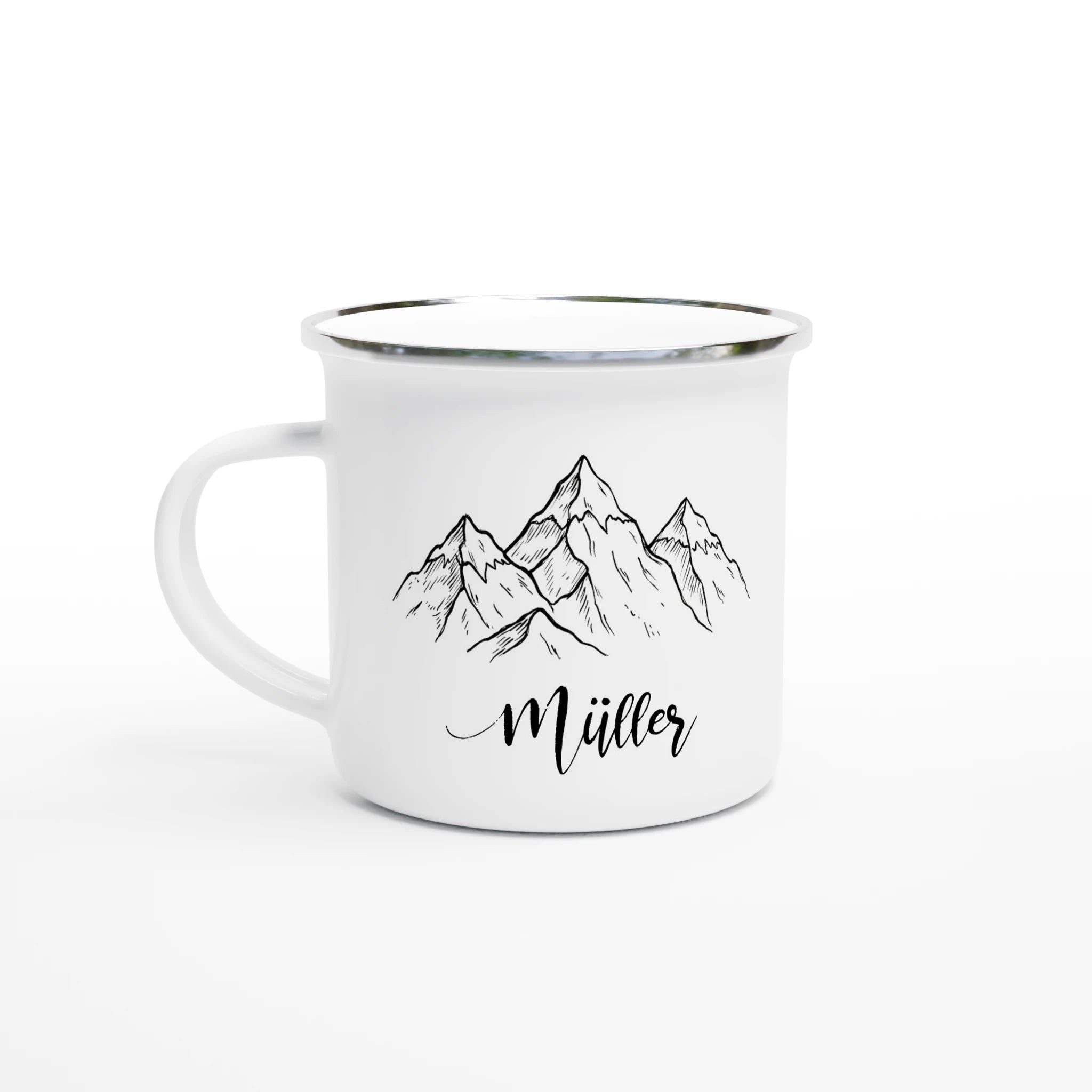 Personalisiertes Geschenk für Wanderer - Emaille Tasse Bergmotiv & Name - Made By Request Store